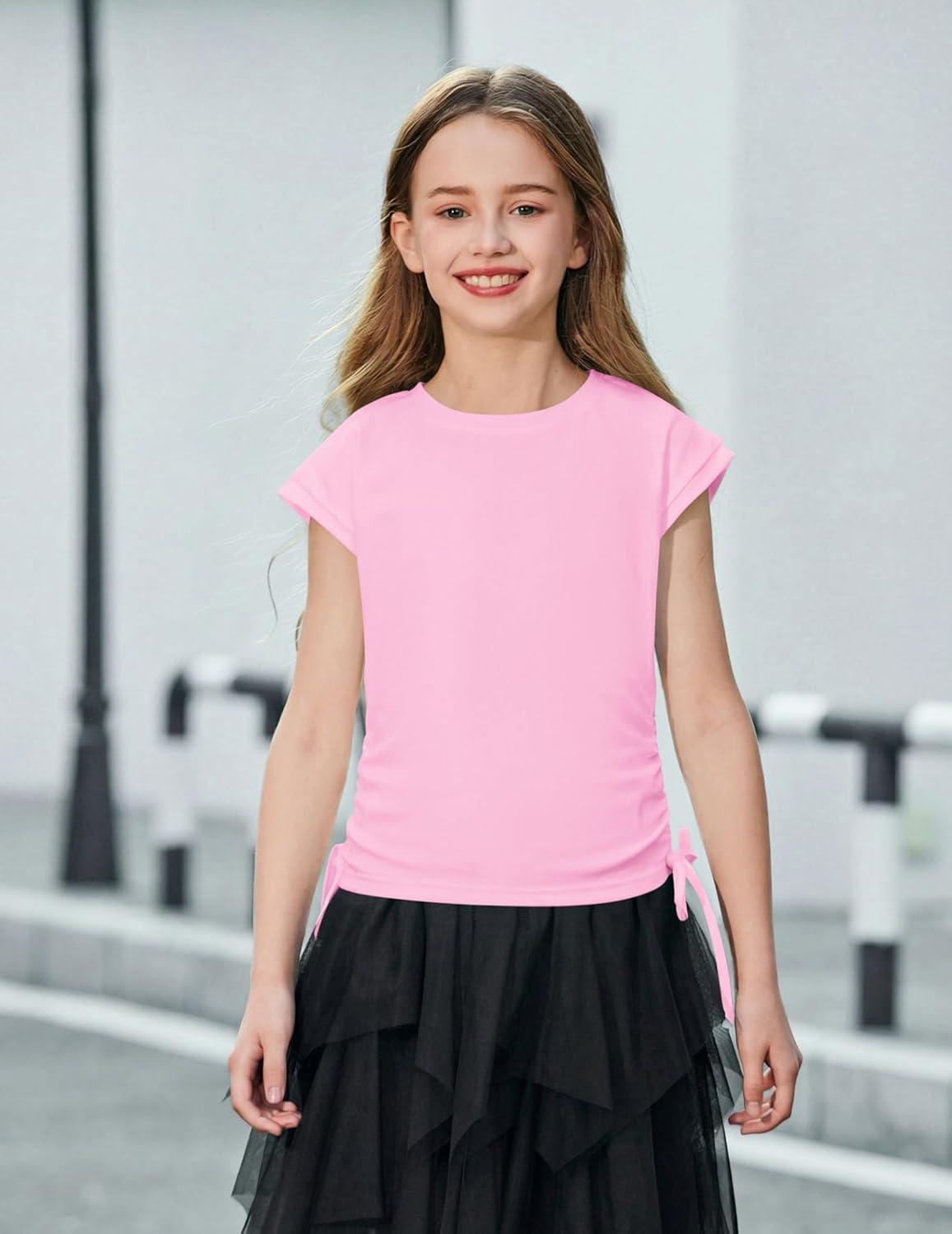 image:imageArshiner Girls Cap Sleeve T Shirts Ruched Knot Side Summer Crewneck Casual Tops Blouse TeePink