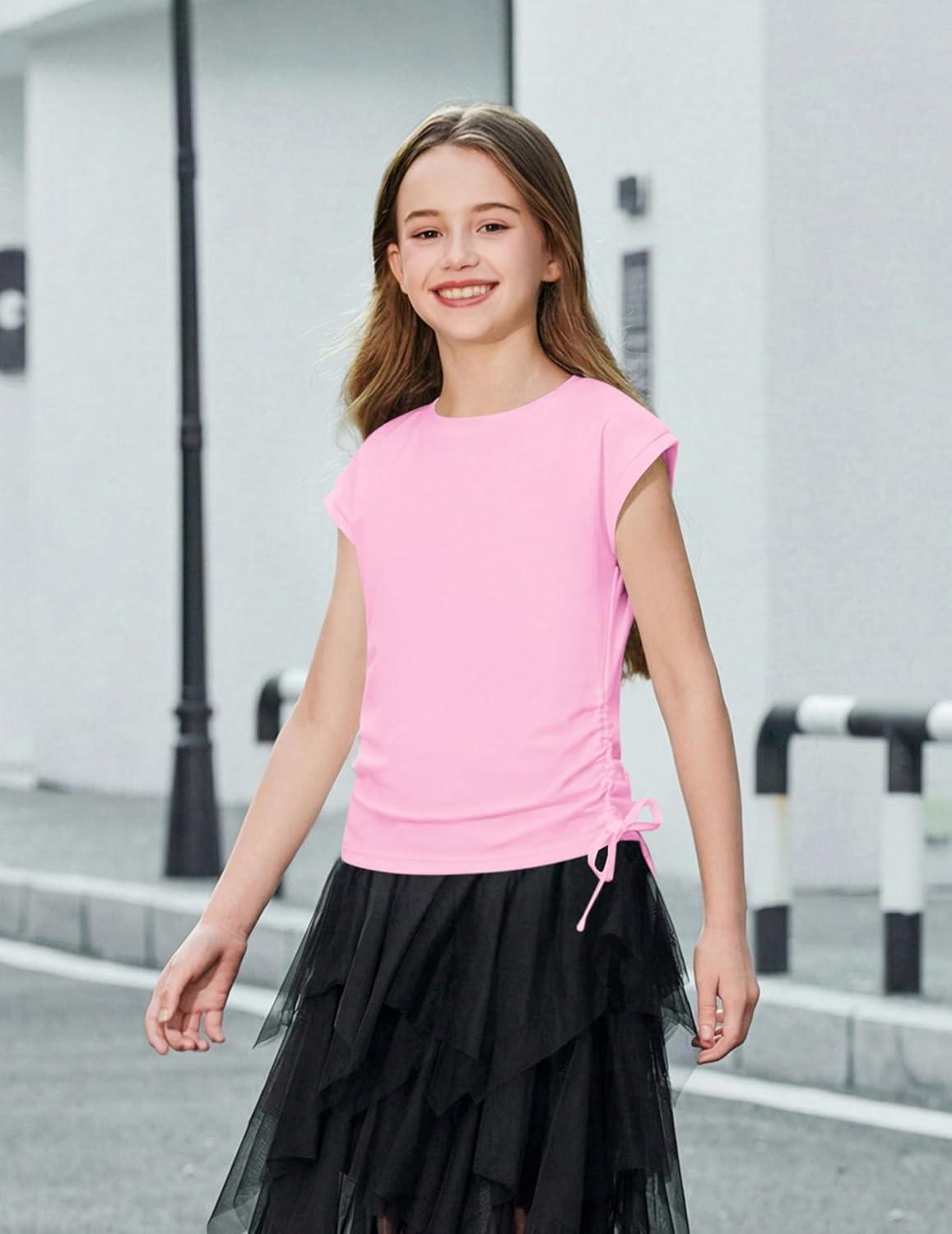 image:imageArshiner Girls Cap Sleeve T Shirts Ruched Knot Side Summer Crewneck Casual Tops Blouse TeePink