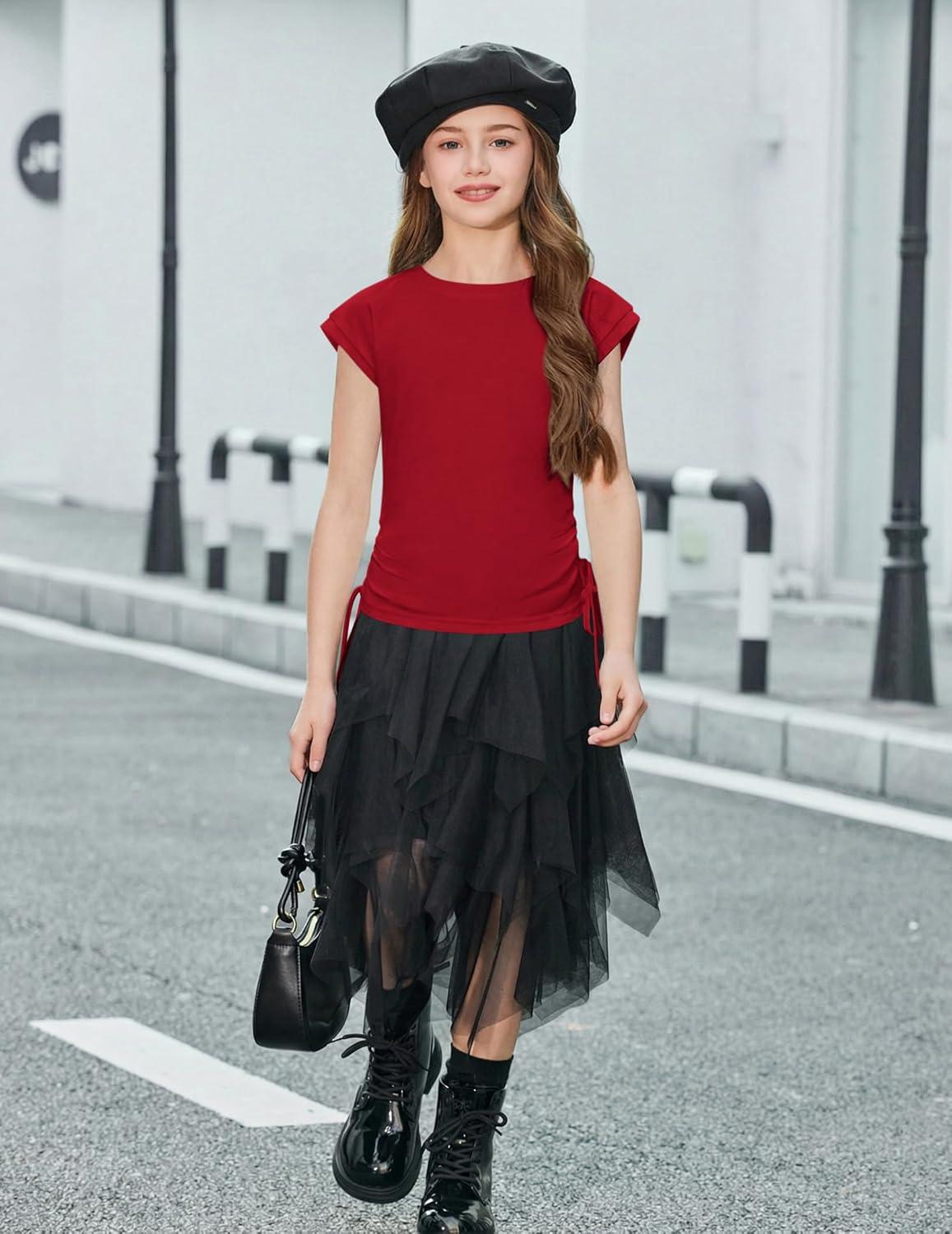 image:imageArshiner Girls Cap Sleeve T Shirts Ruched Knot Side Summer Crewneck Casual Tops Blouse TeeRed
