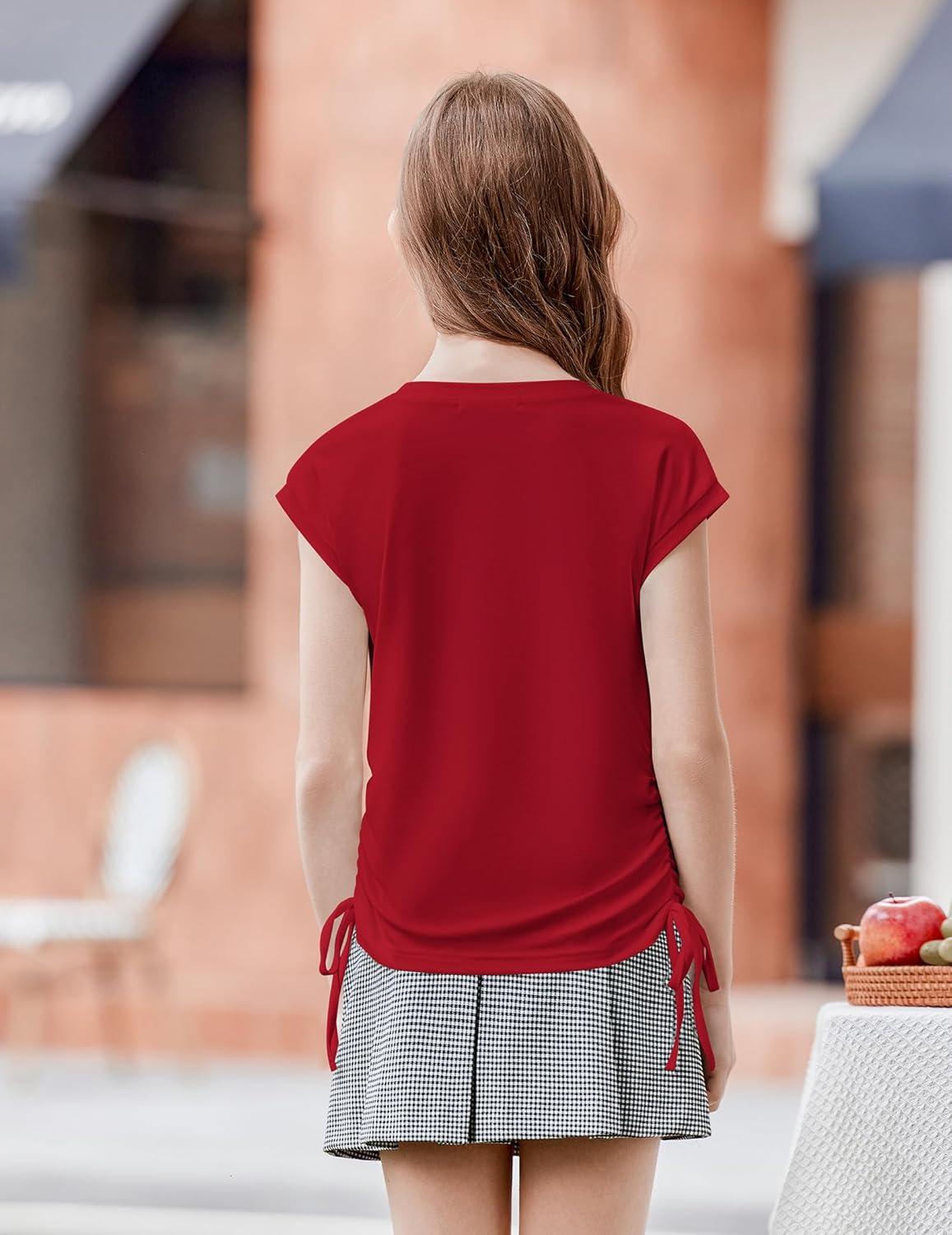 image:imageArshiner Girls Cap Sleeve T Shirts Ruched Knot Side Summer Crewneck Casual Tops Blouse TeeRed