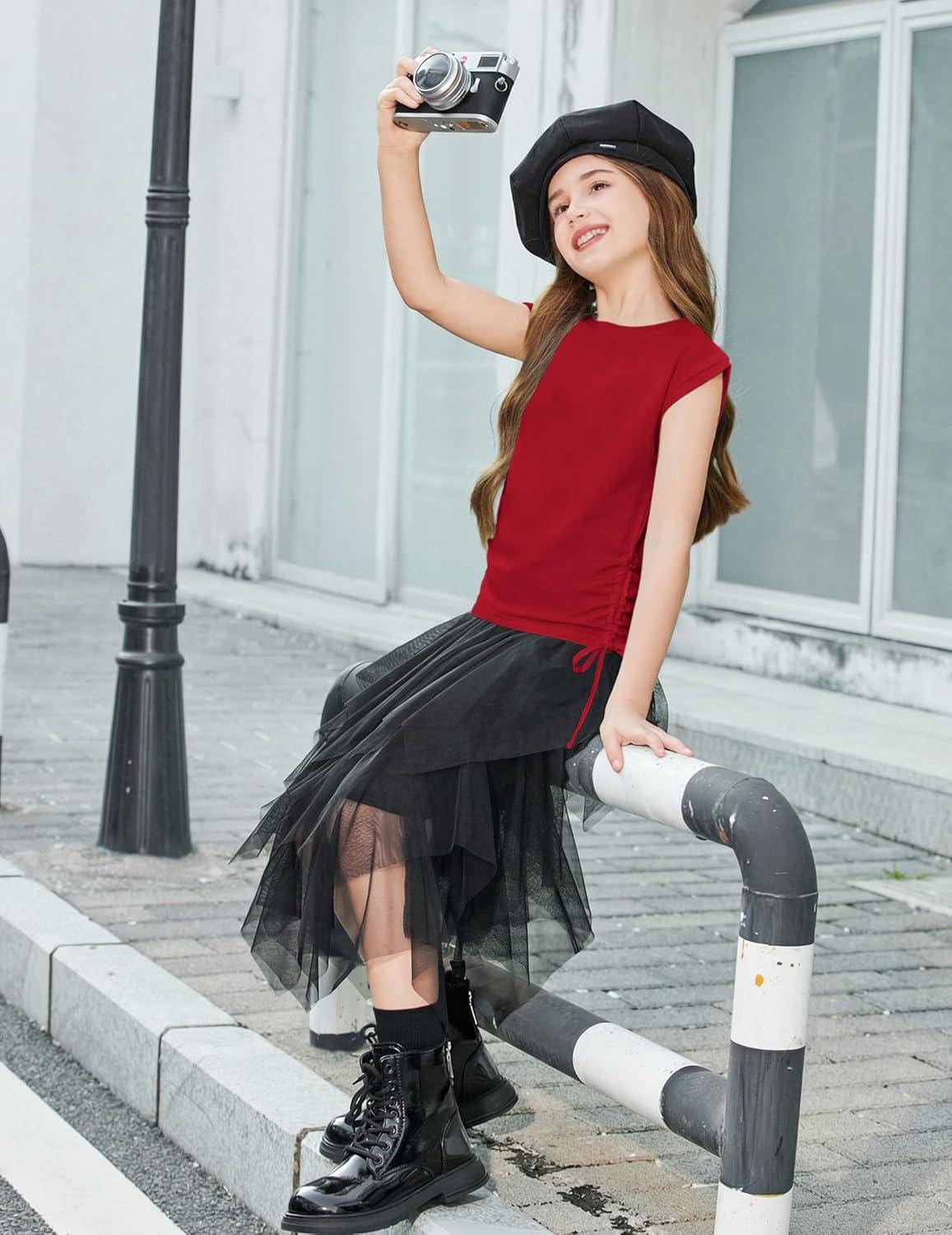 image:imageArshiner Girls Cap Sleeve T Shirts Ruched Knot Side Summer Crewneck Casual Tops Blouse TeeRed