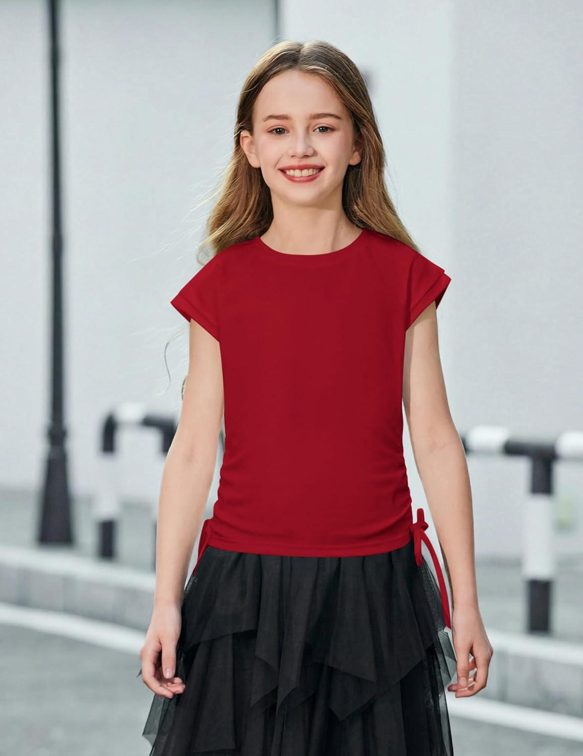 image:imageArshiner Girls Cap Sleeve T Shirts Ruched Knot Side Summer Crewneck Casual Tops Blouse TeeRed