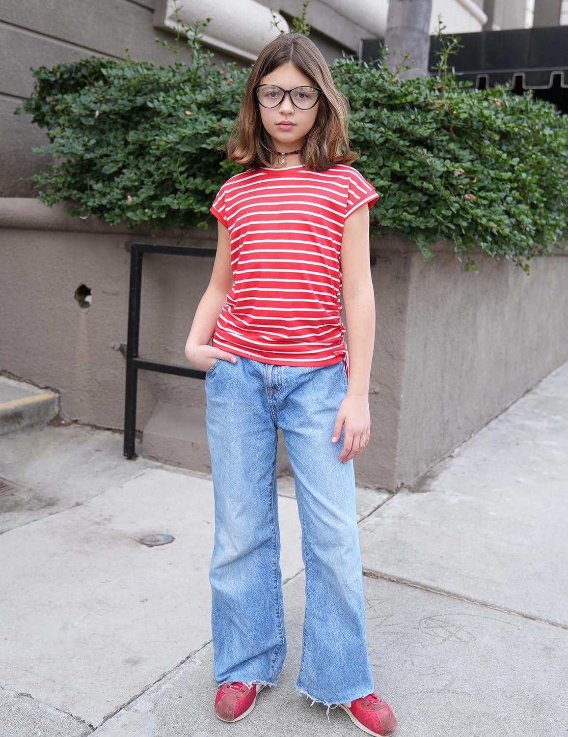 image:imageArshiner Girls Cap Sleeve T Shirts Ruched Knot Side Summer Crewneck Casual Tops Blouse TeeRed Stripe