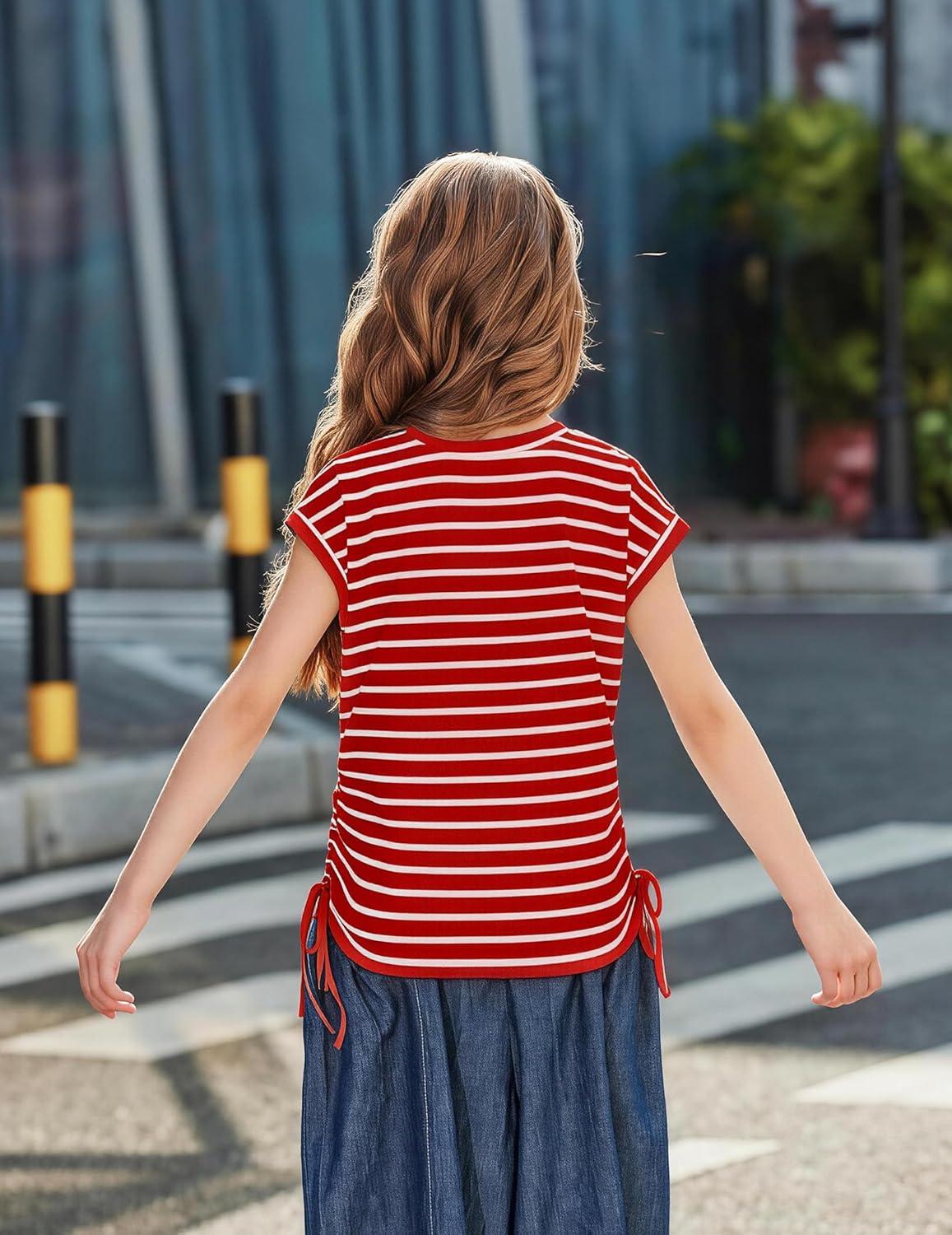 image:imageArshiner Girls Cap Sleeve T Shirts Ruched Knot Side Summer Crewneck Casual Tops Blouse TeeRed Stripe
