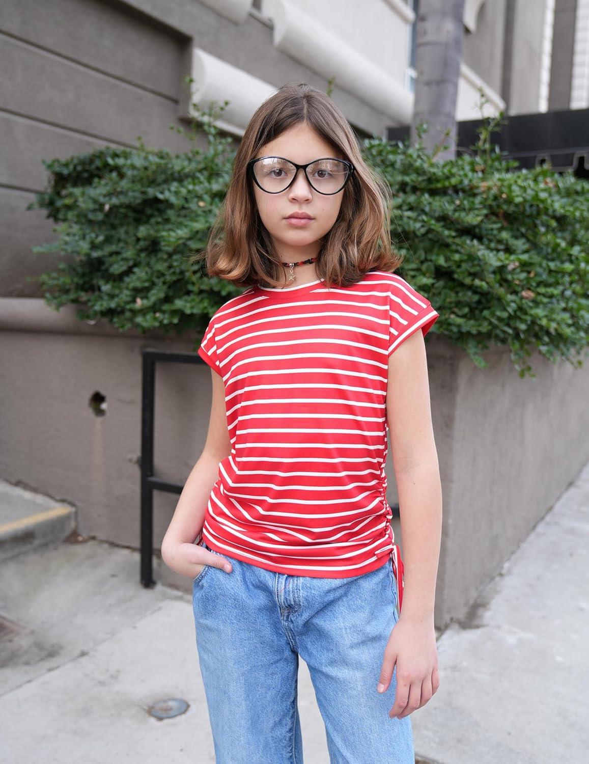 image:imageArshiner Girls Cap Sleeve T Shirts Ruched Knot Side Summer Crewneck Casual Tops Blouse TeeRed Stripe