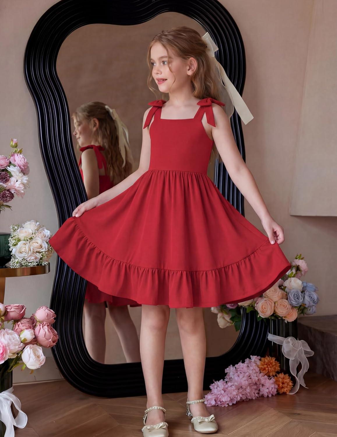 image:imageArshiner Girls Summer Dress Bowknot Strap Casual Sleeveless Tiered Sundress with Pockets 614 YearsRed