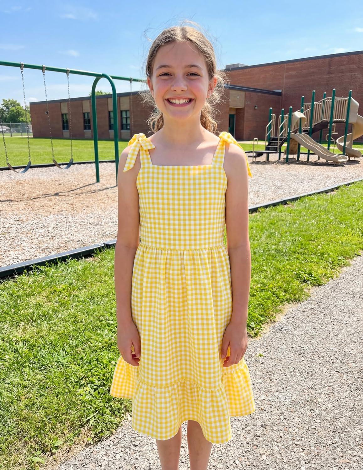 image:imageArshiner Girls Summer Dress Bowknot Strap Casual Sleeveless Tiered Sundress with Pockets 614 YearsYellow Plaid