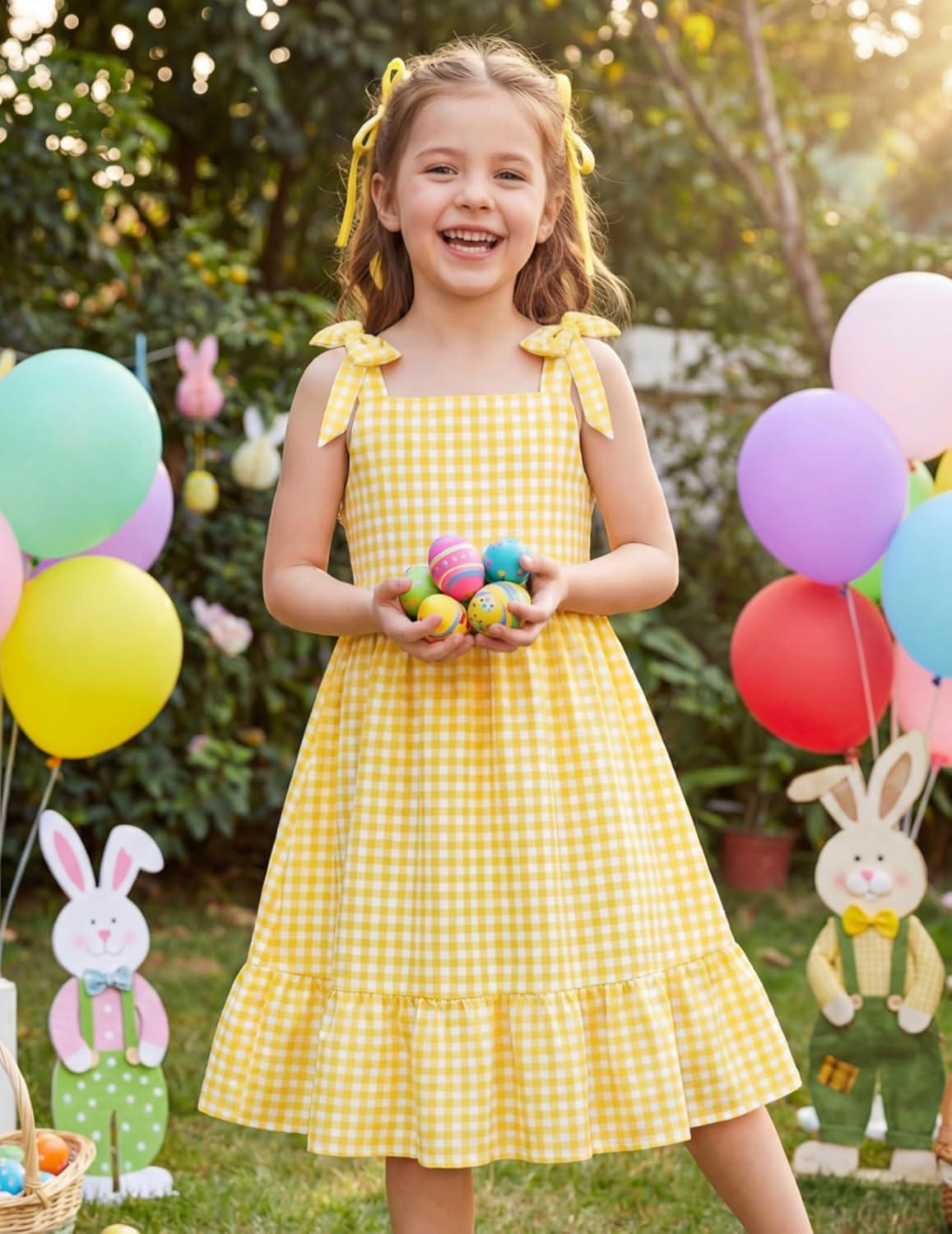 image:imageArshiner Girls Summer Dress Bowknot Strap Casual Sleeveless Tiered Sundress with Pockets 614 YearsYellow Plaid