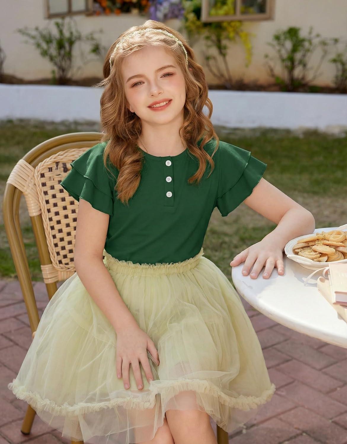 image:imageArshiner Girls Summer Outfits 2 Piece Sets Ruffle Short Sleeve Button Down Shirts and Shorts Set Kids Clothes with PocketsDeep Green
