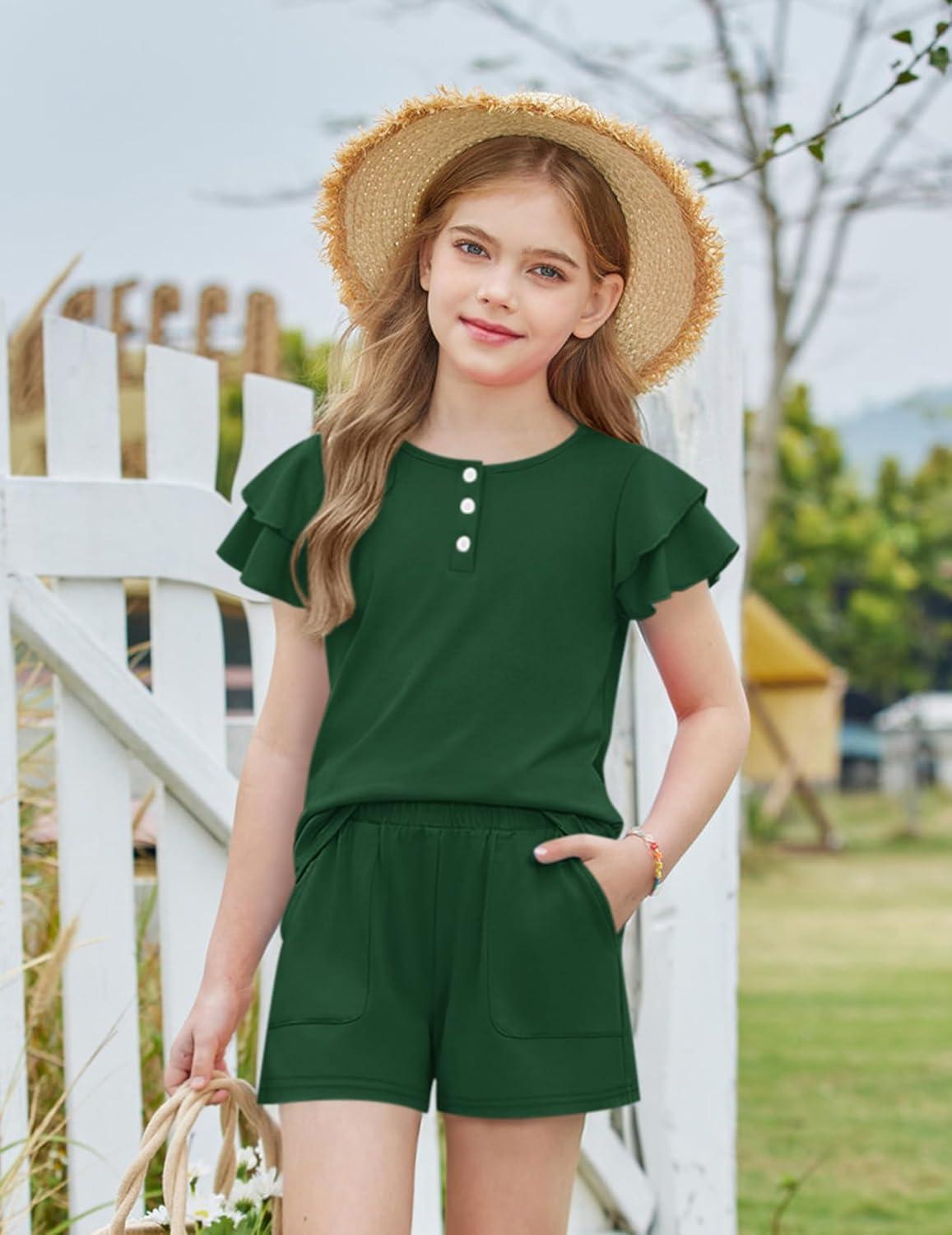 image:imageArshiner Girls Summer Outfits 2 Piece Sets Ruffle Short Sleeve Button Down Shirts and Shorts Set Kids Clothes with PocketsDeep Green