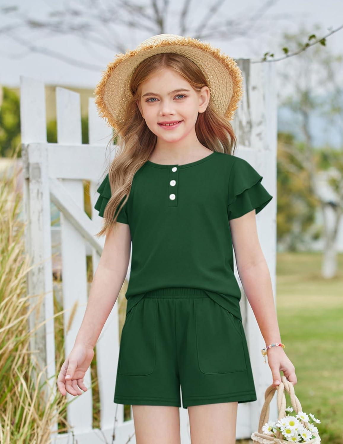 image:imageArshiner Girls Summer Outfits 2 Piece Sets Ruffle Short Sleeve Button Down Shirts and Shorts Set Kids Clothes with PocketsDeep Green