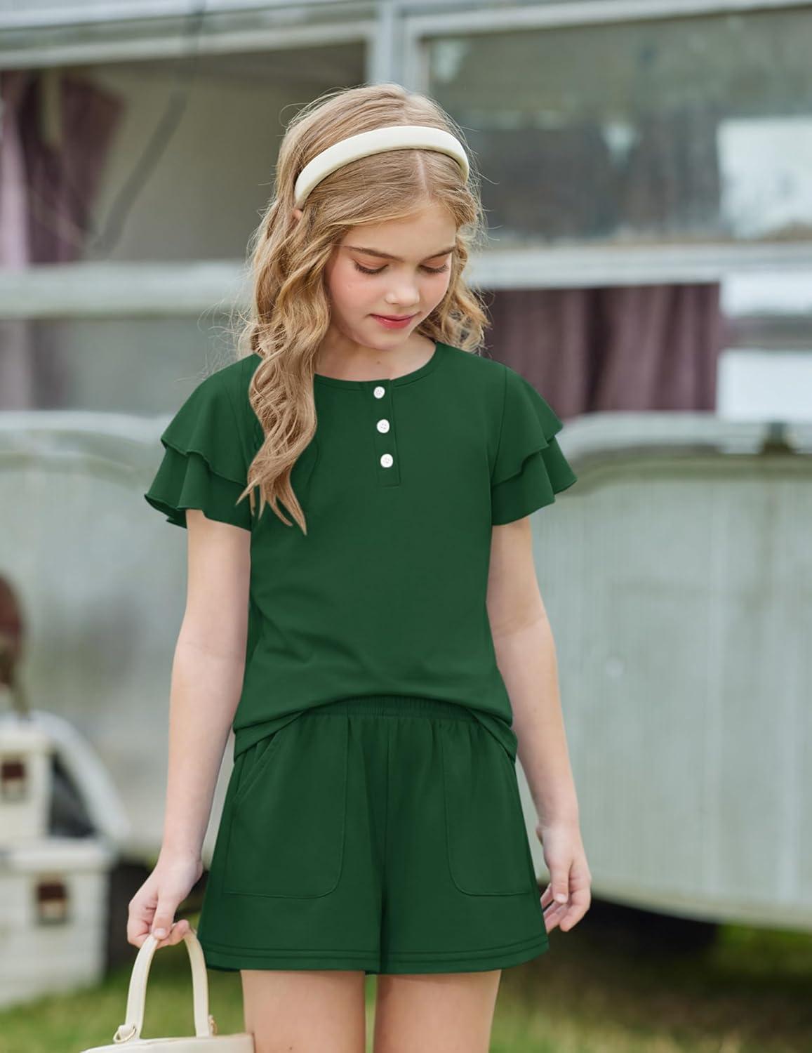 image:imageArshiner Girls Summer Outfits 2 Piece Sets Ruffle Short Sleeve Button Down Shirts and Shorts Set Kids Clothes with PocketsDeep Green