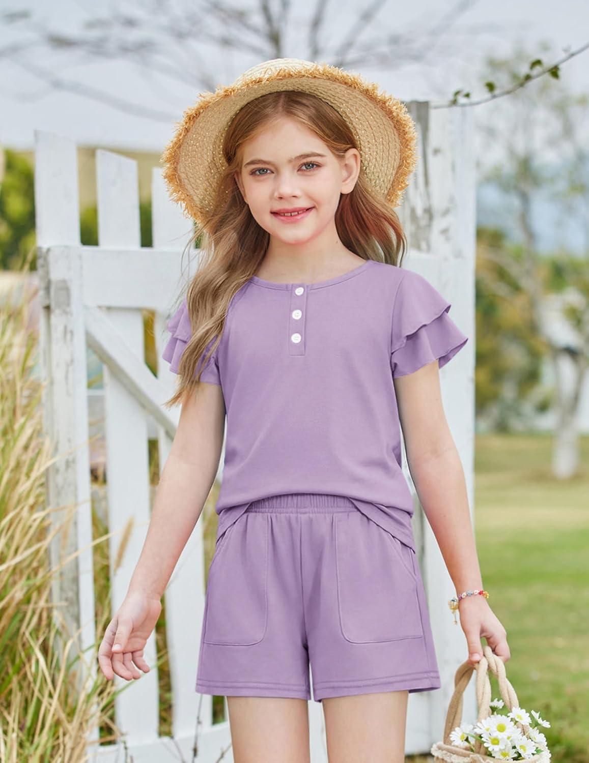 image:imageArshiner Girls Summer Outfits 2 Piece Sets Ruffle Short Sleeve Button Down Shirts and Shorts Set Kids Clothes with PocketsLavender