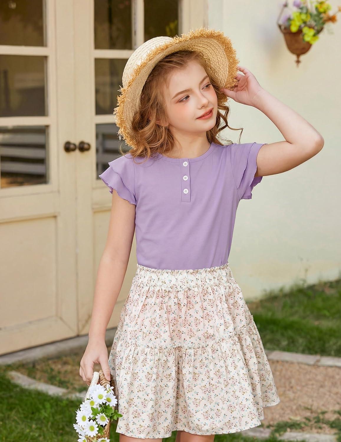 image:imageArshiner Girls Summer Outfits 2 Piece Sets Ruffle Short Sleeve Button Down Shirts and Shorts Set Kids Clothes with PocketsLavender