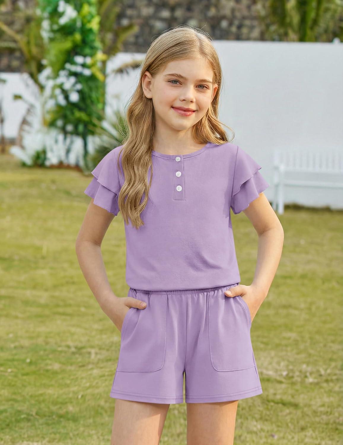 image:imageArshiner Girls Summer Outfits 2 Piece Sets Ruffle Short Sleeve Button Down Shirts and Shorts Set Kids Clothes with PocketsLavender