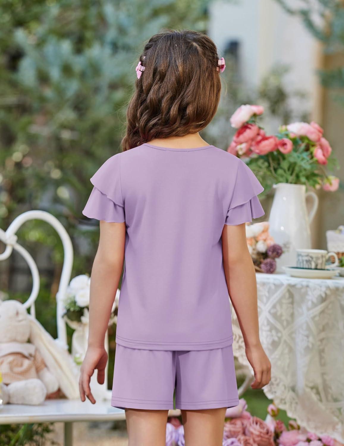image:imageArshiner Girls Summer Outfits 2 Piece Sets Ruffle Short Sleeve Button Down Shirts and Shorts Set Kids Clothes with PocketsLavender
