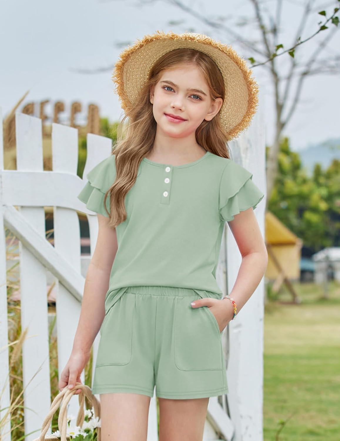 image:imageArshiner Girls Summer Outfits 2 Piece Sets Ruffle Short Sleeve Button Down Shirts and Shorts Set Kids Clothes with PocketsLight Green