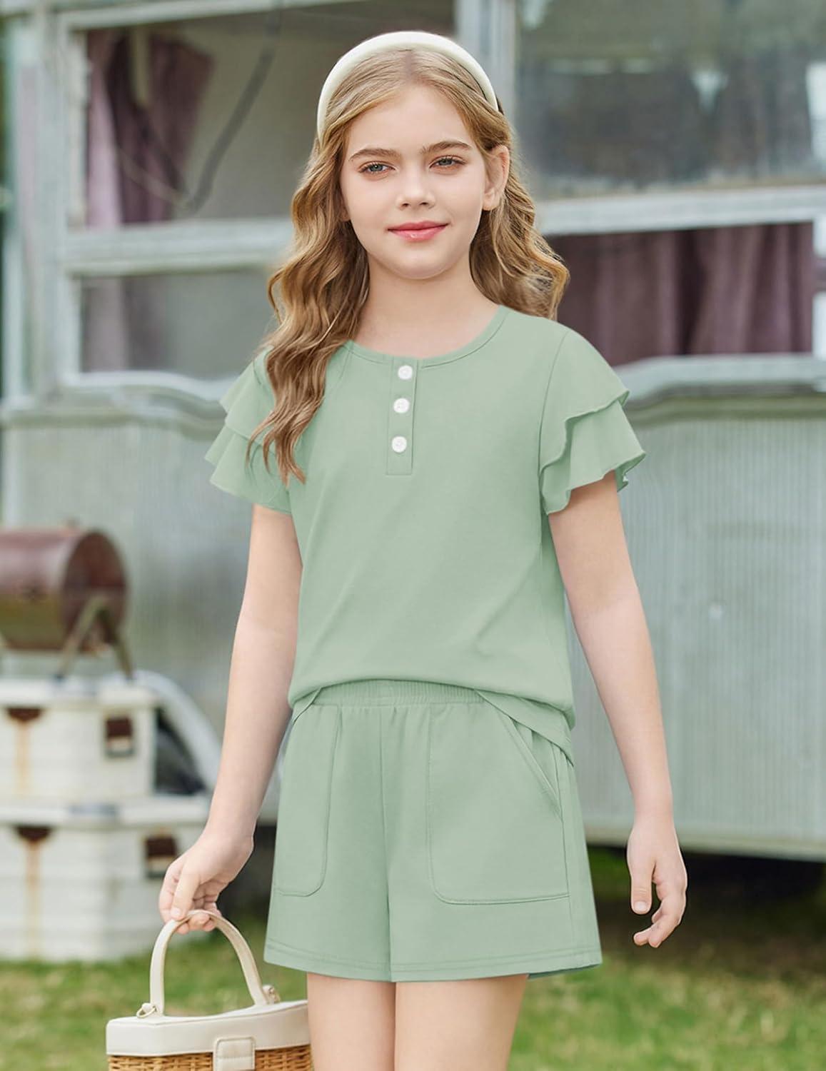 image:imageArshiner Girls Summer Outfits 2 Piece Sets Ruffle Short Sleeve Button Down Shirts and Shorts Set Kids Clothes with PocketsLight Green