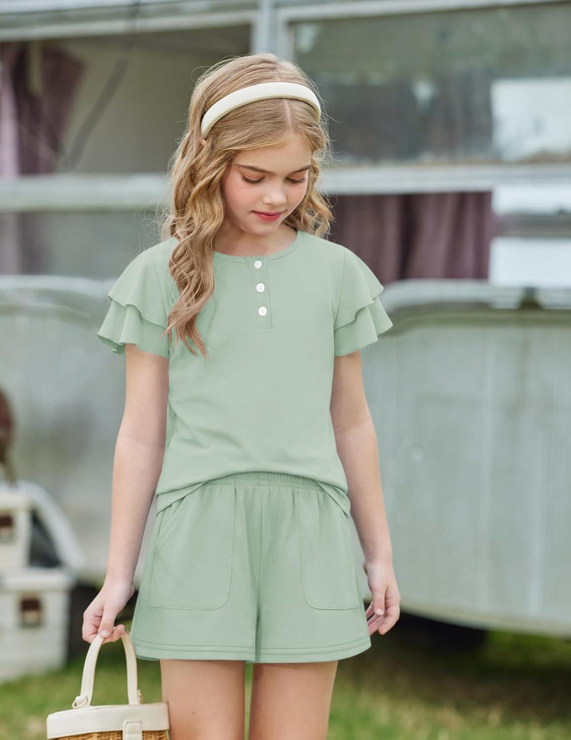 image:imageArshiner Girls Summer Outfits 2 Piece Sets Ruffle Short Sleeve Button Down Shirts and Shorts Set Kids Clothes with PocketsLight Green