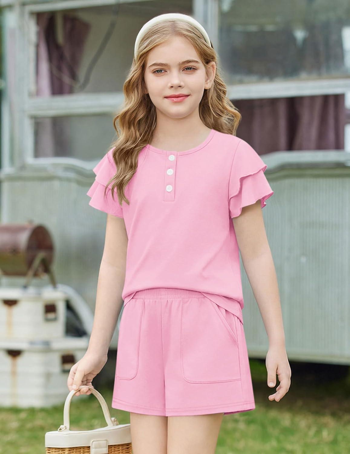image:imageArshiner Girls Summer Outfits 2 Piece Sets Ruffle Short Sleeve Button Down Shirts and Shorts Set Kids Clothes with PocketsPink