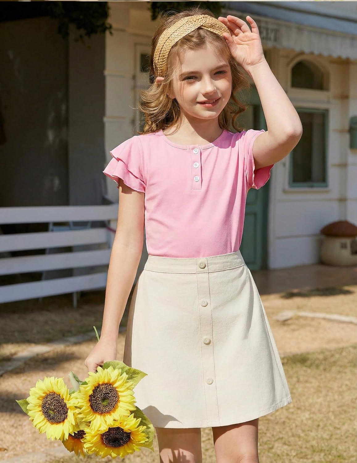 image:imageArshiner Girls Summer Outfits 2 Piece Sets Ruffle Short Sleeve Button Down Shirts and Shorts Set Kids Clothes with PocketsPink