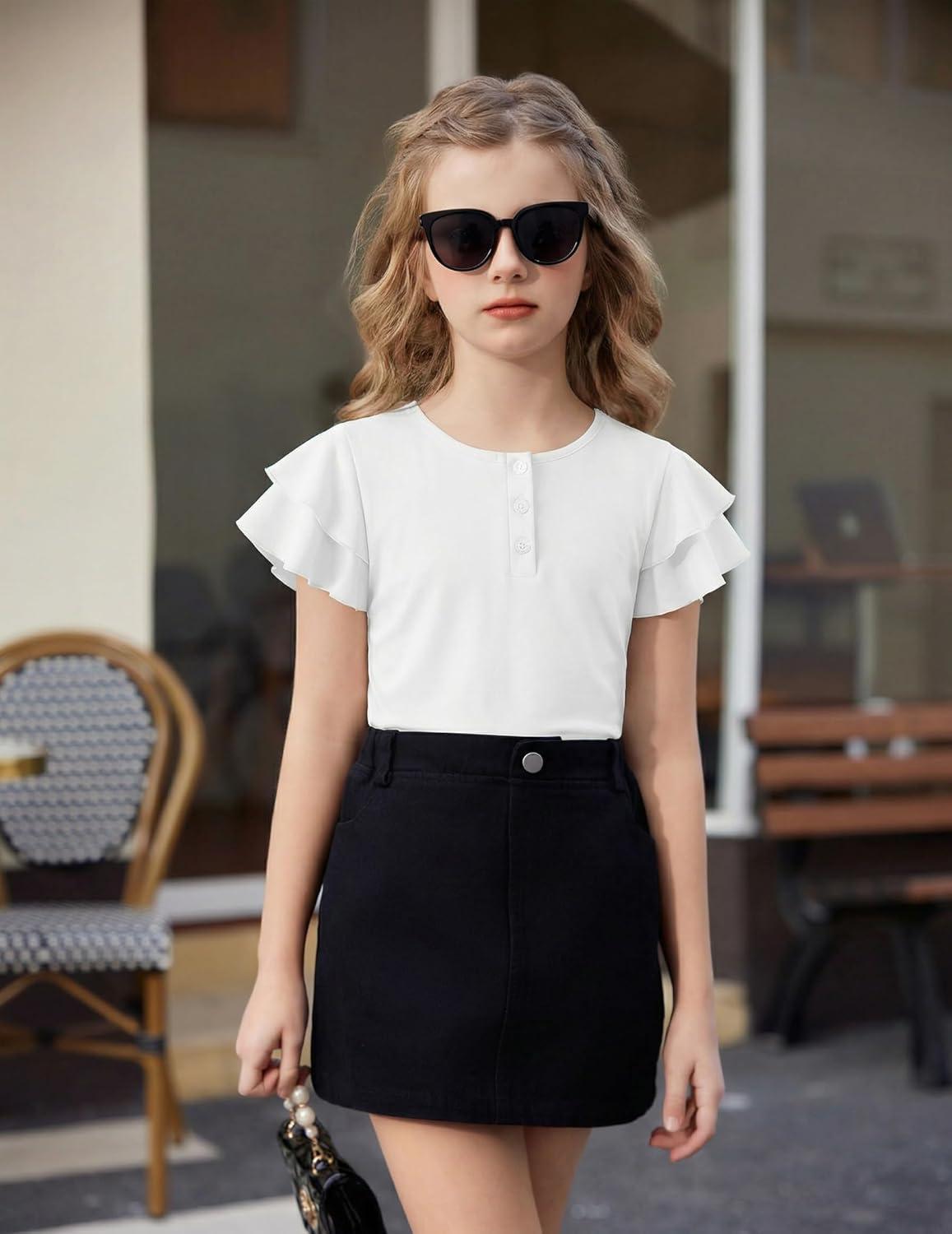image:imageArshiner Girls Summer Outfits 2 Piece Sets Ruffle Short Sleeve Button Down Shirts and Shorts Set Kids Clothes with PocketsWhiteleopard