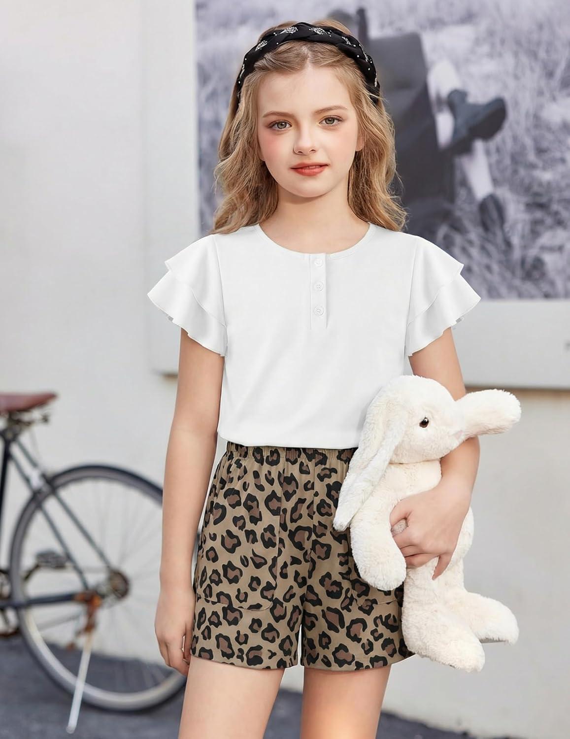 image:imageArshiner Girls Summer Outfits 2 Piece Sets Ruffle Short Sleeve Button Down Shirts and Shorts Set Kids Clothes with PocketsWhiteleopard