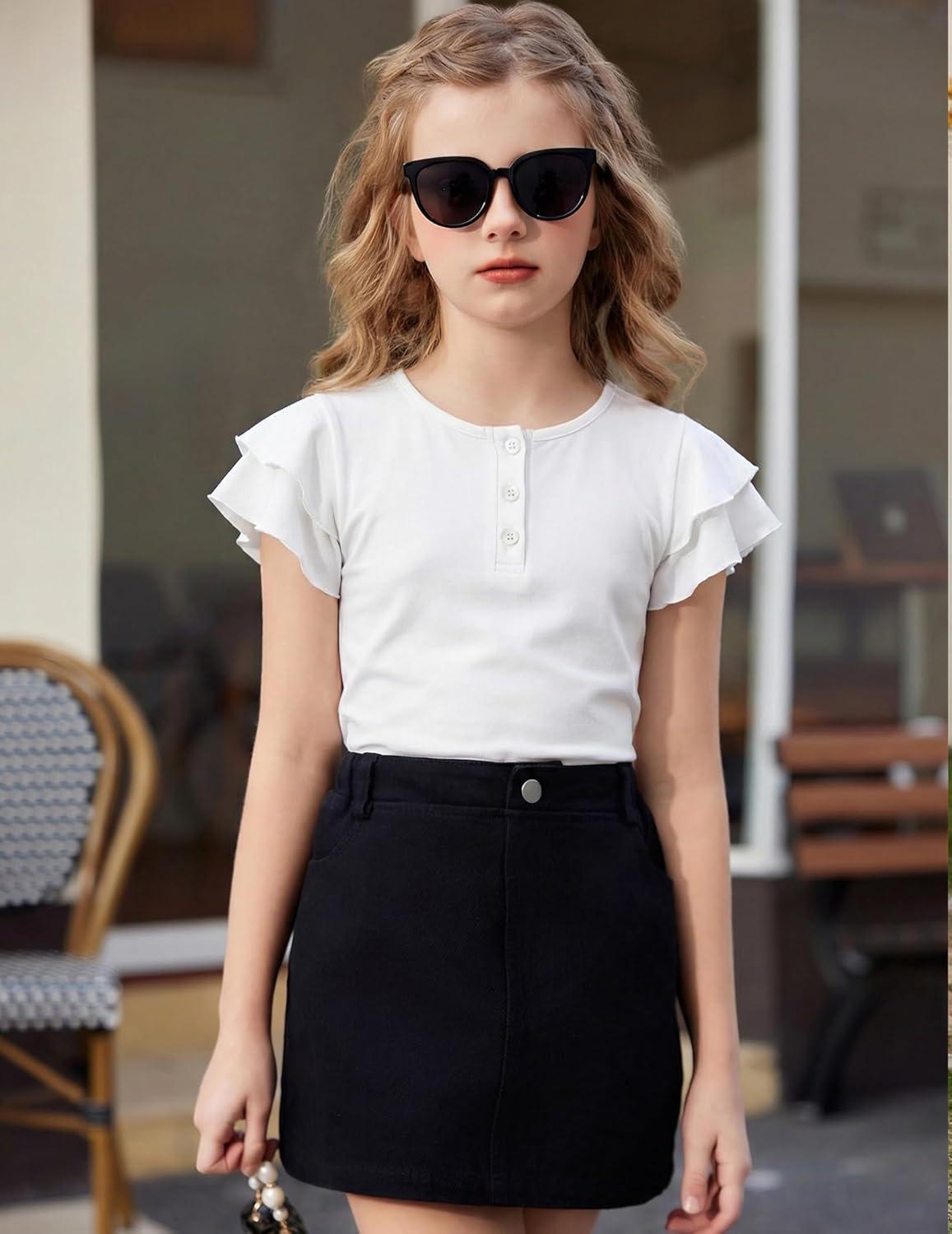 image:imageArshiner Girls Summer Outfits 2 Piece Sets Ruffle Short Sleeve Button Down Shirts and Shorts Set Kids Clothes with PocketsWhiteleopard