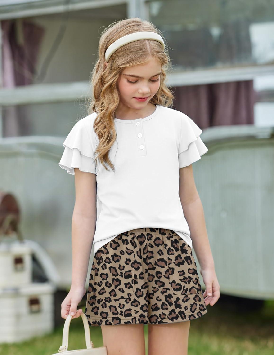 image:imageArshiner Girls Summer Outfits 2 Piece Sets Ruffle Short Sleeve Button Down Shirts and Shorts Set Kids Clothes with PocketsWhiteleopard