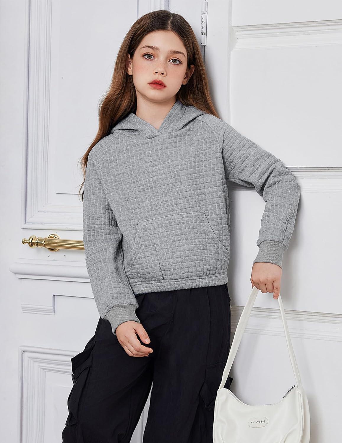 image:imageArshiner Girls Sweatshirt Teen Waffle Cropped Hoodies Casual Long Sleeve Cute Pullover TopsGrey