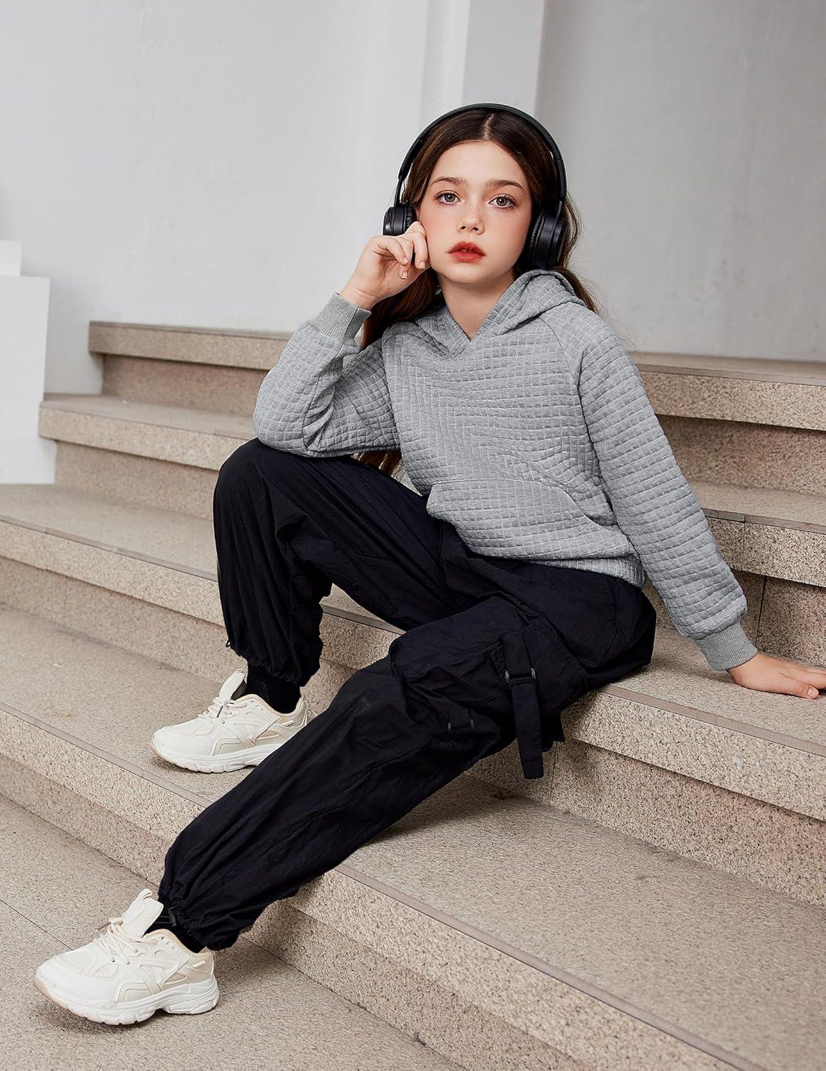 image:imageArshiner Girls Sweatshirt Teen Waffle Cropped Hoodies Casual Long Sleeve Cute Pullover TopsGrey
