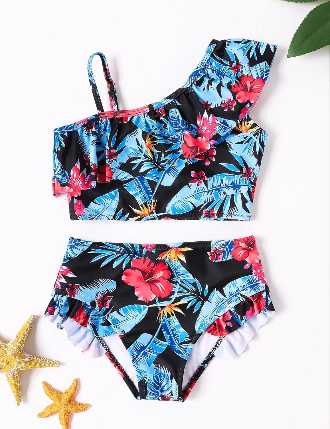 image:imageArshiner Girls Two Piece Swimsuit Ruffles Flounce Printed Bikini Set Swimwear Girl Bathing Suits with Chest Pad 415 YearsBright Blue Leaf