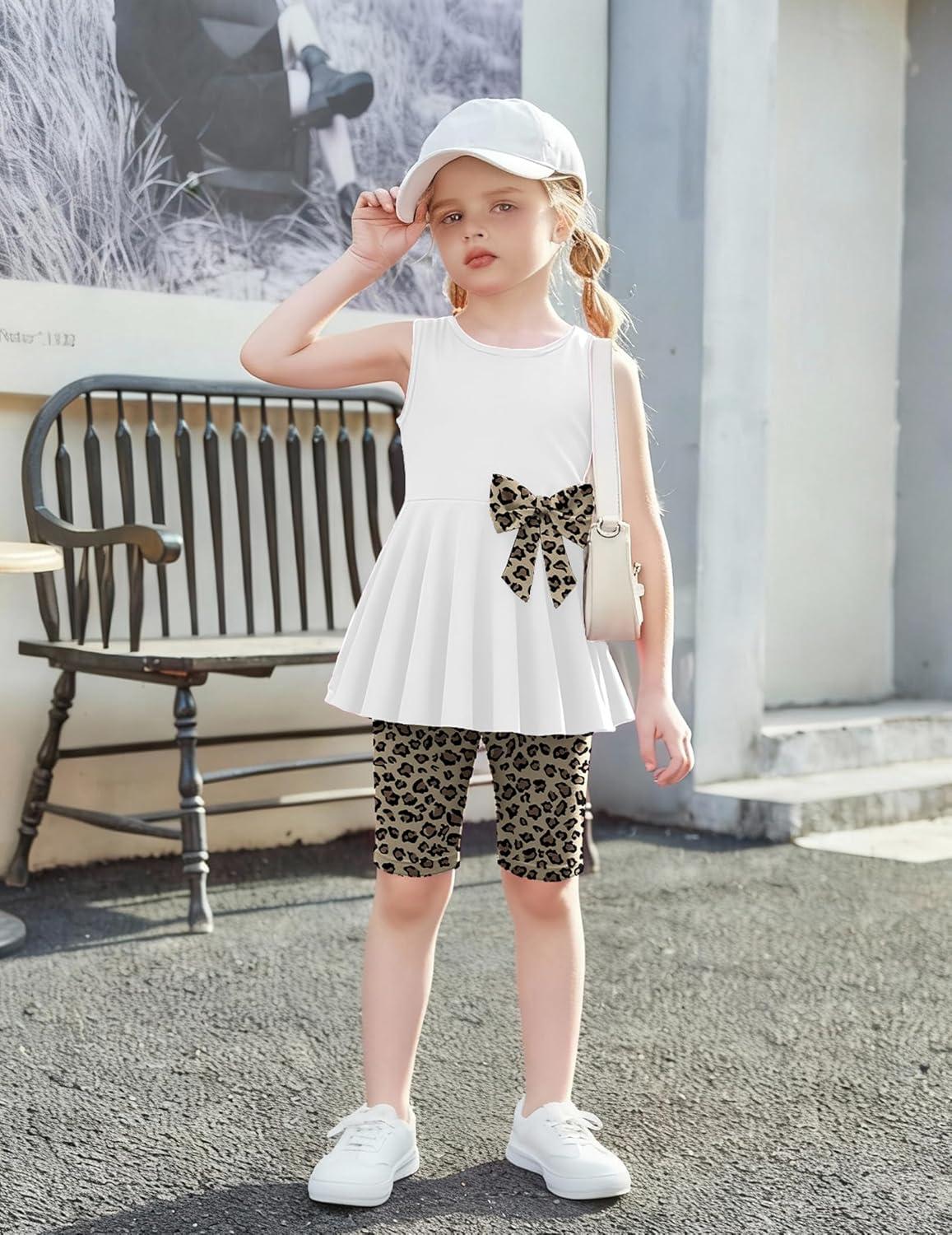 image:imageArshiner Toddler Girl Clothes 2 Piece Bowknot Sleeveless Top Dress and Leggings Shorts Set Kids Summer OutfitsBrown Leopard