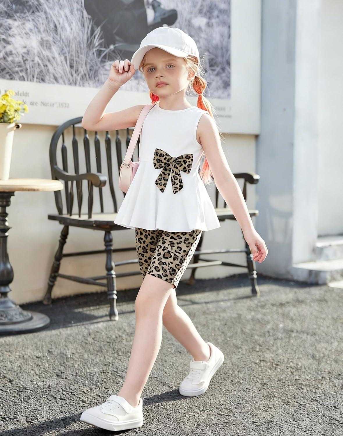 image:imageArshiner Toddler Girl Clothes 2 Piece Bowknot Sleeveless Top Dress and Leggings Shorts Set Kids Summer OutfitsBrown Leopard