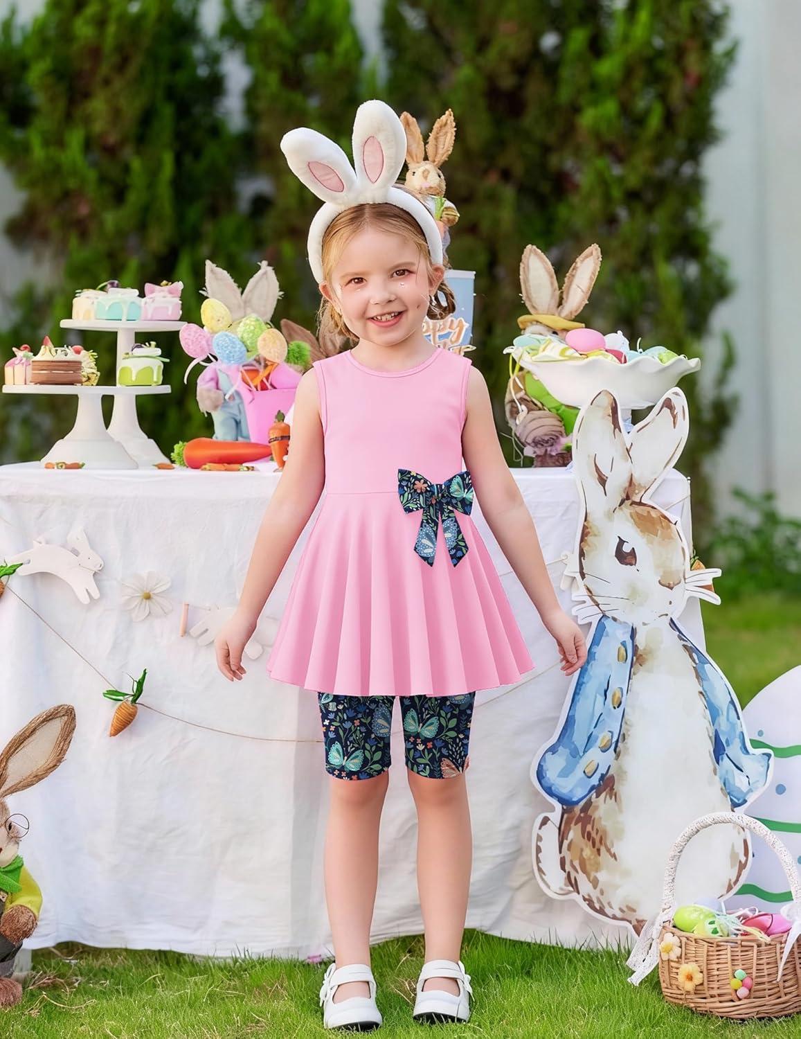 image:imageArshiner Toddler Girl Clothes 2 Piece Bowknot Sleeveless Top Dress and Leggings Shorts Set Kids Summer OutfitsDark Pink Butterfly