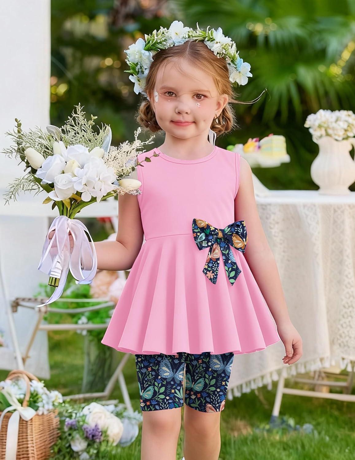 image:imageArshiner Toddler Girl Clothes 2 Piece Bowknot Sleeveless Top Dress and Leggings Shorts Set Kids Summer OutfitsDark Pink Butterfly