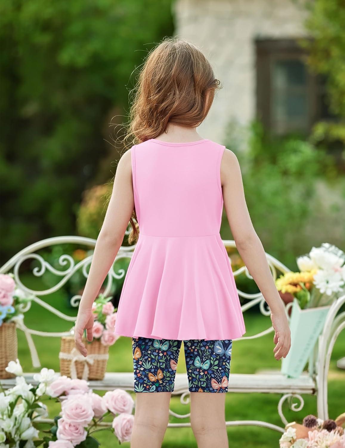 image:imageArshiner Toddler Girl Clothes 2 Piece Bowknot Sleeveless Top Dress and Leggings Shorts Set Kids Summer OutfitsDark Pink Butterfly