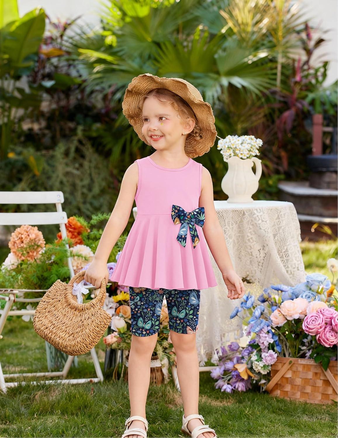 image:imageArshiner Toddler Girl Clothes 2 Piece Bowknot Sleeveless Top Dress and Leggings Shorts Set Kids Summer OutfitsDark Pink Butterfly