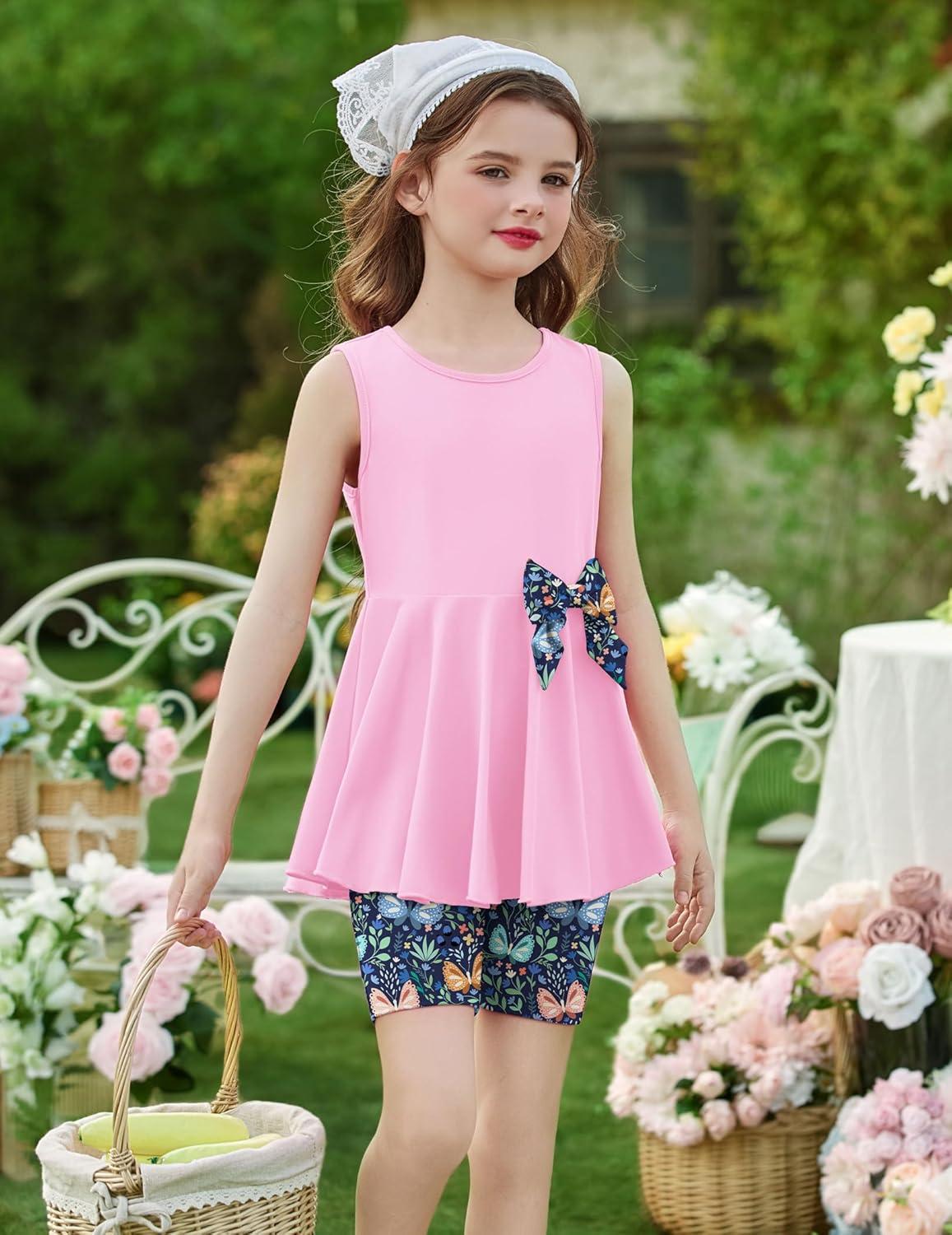 image:imageArshiner Toddler Girl Clothes 2 Piece Bowknot Sleeveless Top Dress and Leggings Shorts Set Kids Summer OutfitsDark Pink Butterfly