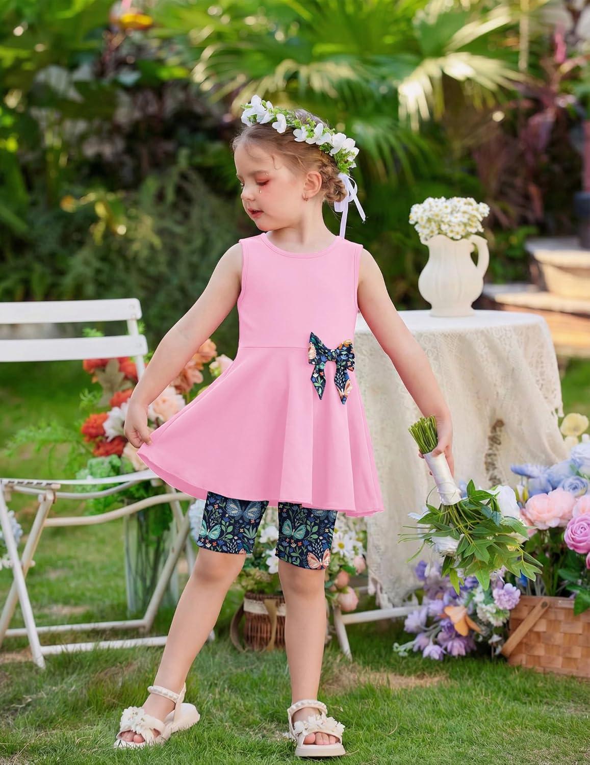 image:imageArshiner Toddler Girl Clothes 2 Piece Bowknot Sleeveless Top Dress and Leggings Shorts Set Kids Summer OutfitsDark Pink Butterfly