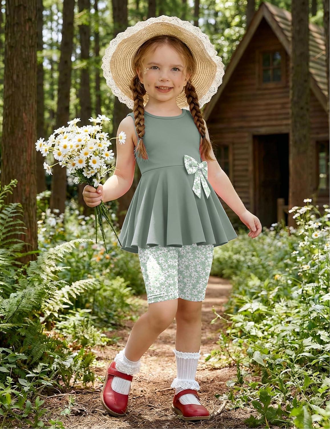 image:imageArshiner Toddler Girl Clothes 2 Piece Bowknot Sleeveless Top Dress and Leggings Shorts Set Kids Summer OutfitsLight Green Flower