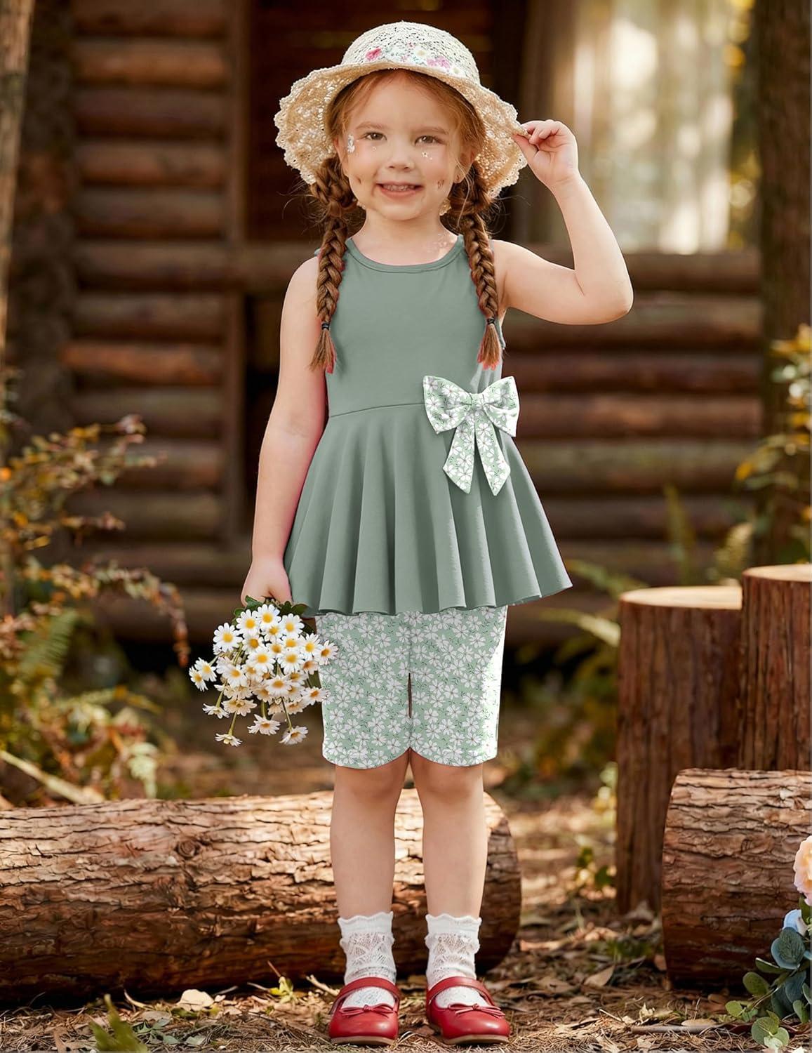 image:imageArshiner Toddler Girl Clothes 2 Piece Bowknot Sleeveless Top Dress and Leggings Shorts Set Kids Summer OutfitsLight Green Flower