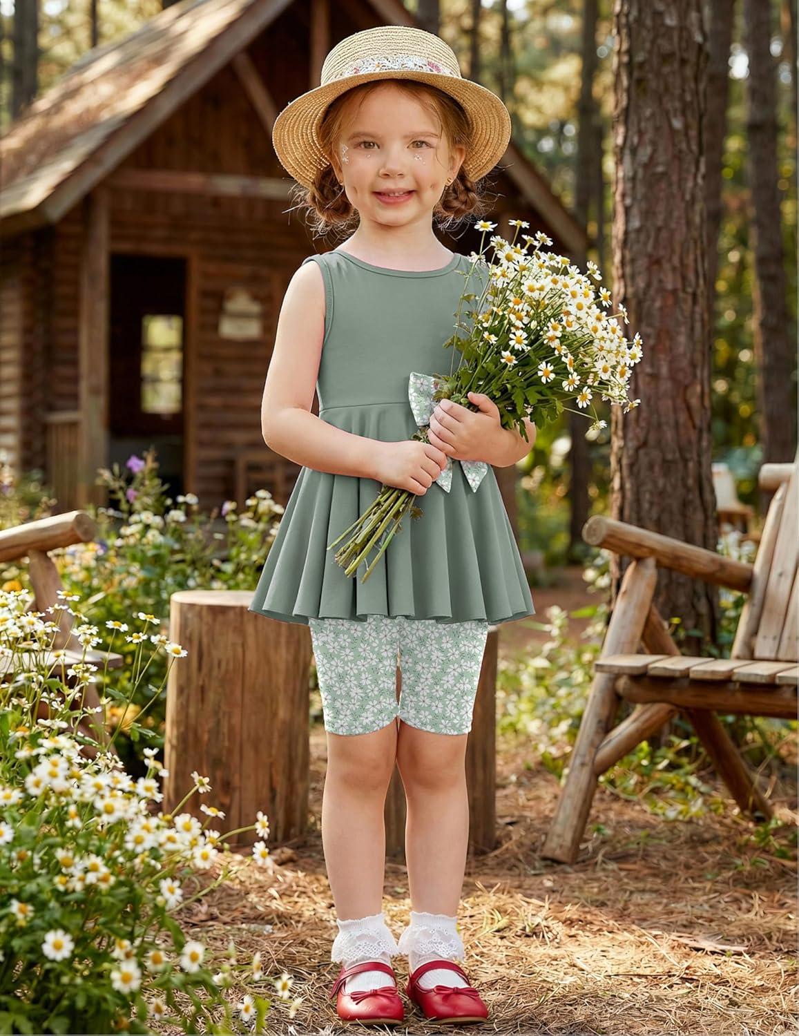 image:imageArshiner Toddler Girl Clothes 2 Piece Bowknot Sleeveless Top Dress and Leggings Shorts Set Kids Summer OutfitsLight Green Flower