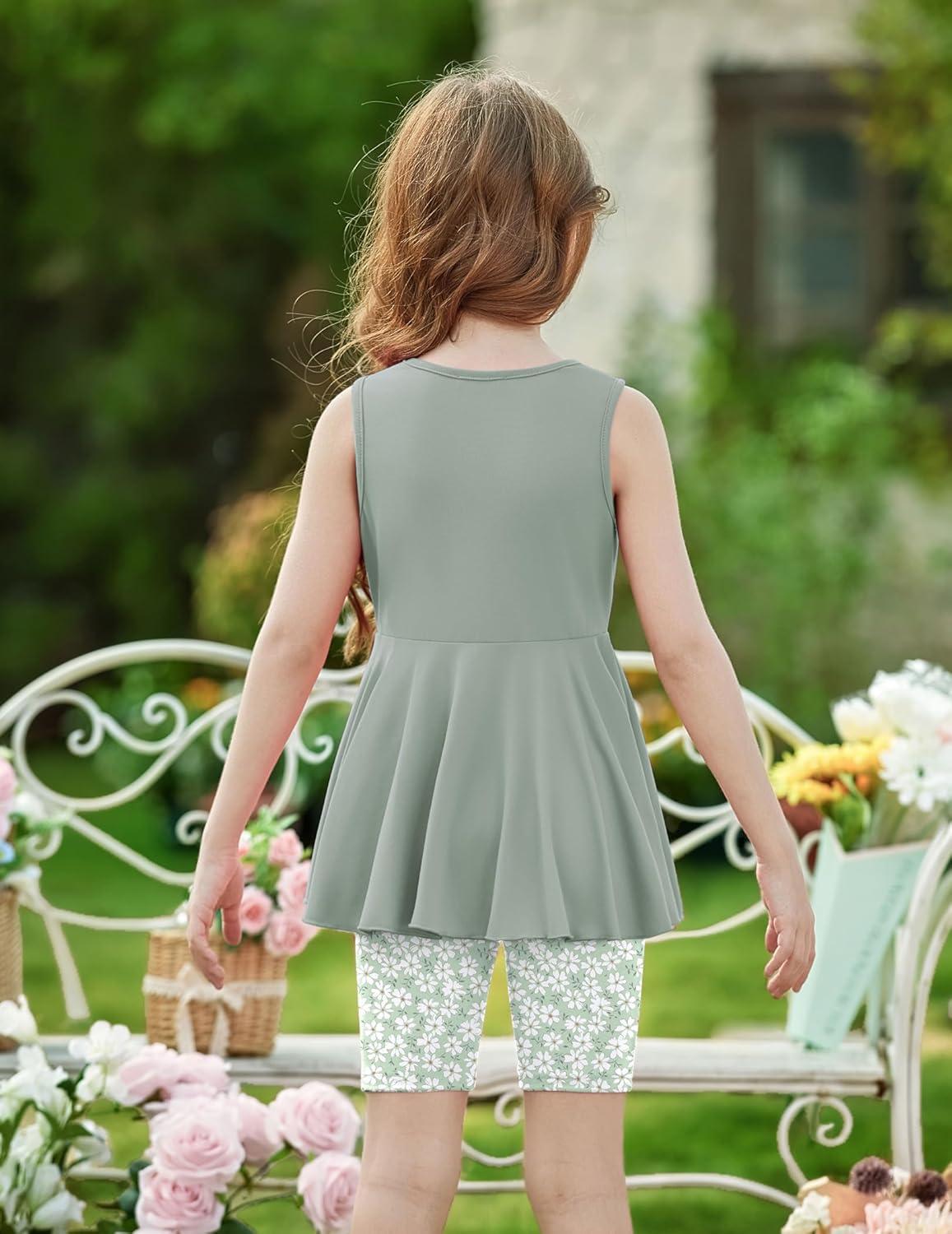 image:imageArshiner Toddler Girl Clothes 2 Piece Bowknot Sleeveless Top Dress and Leggings Shorts Set Kids Summer OutfitsLight Green Flower