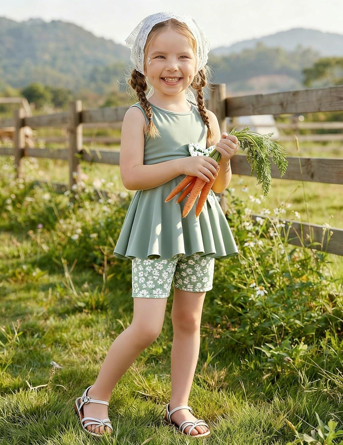 image:imageArshiner Toddler Girl Clothes 2 Piece Bowknot Sleeveless Top Dress and Leggings Shorts Set Kids Summer OutfitsLight Green Flower