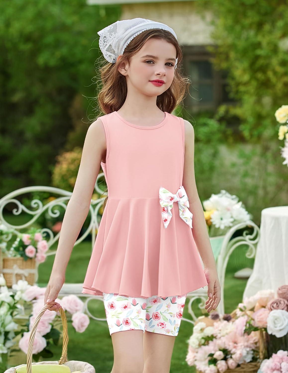 image:imageArshiner Toddler Girl Clothes 2 Piece Bowknot Sleeveless Top Dress and Leggings Shorts Set Kids Summer OutfitsLight Pink Flower