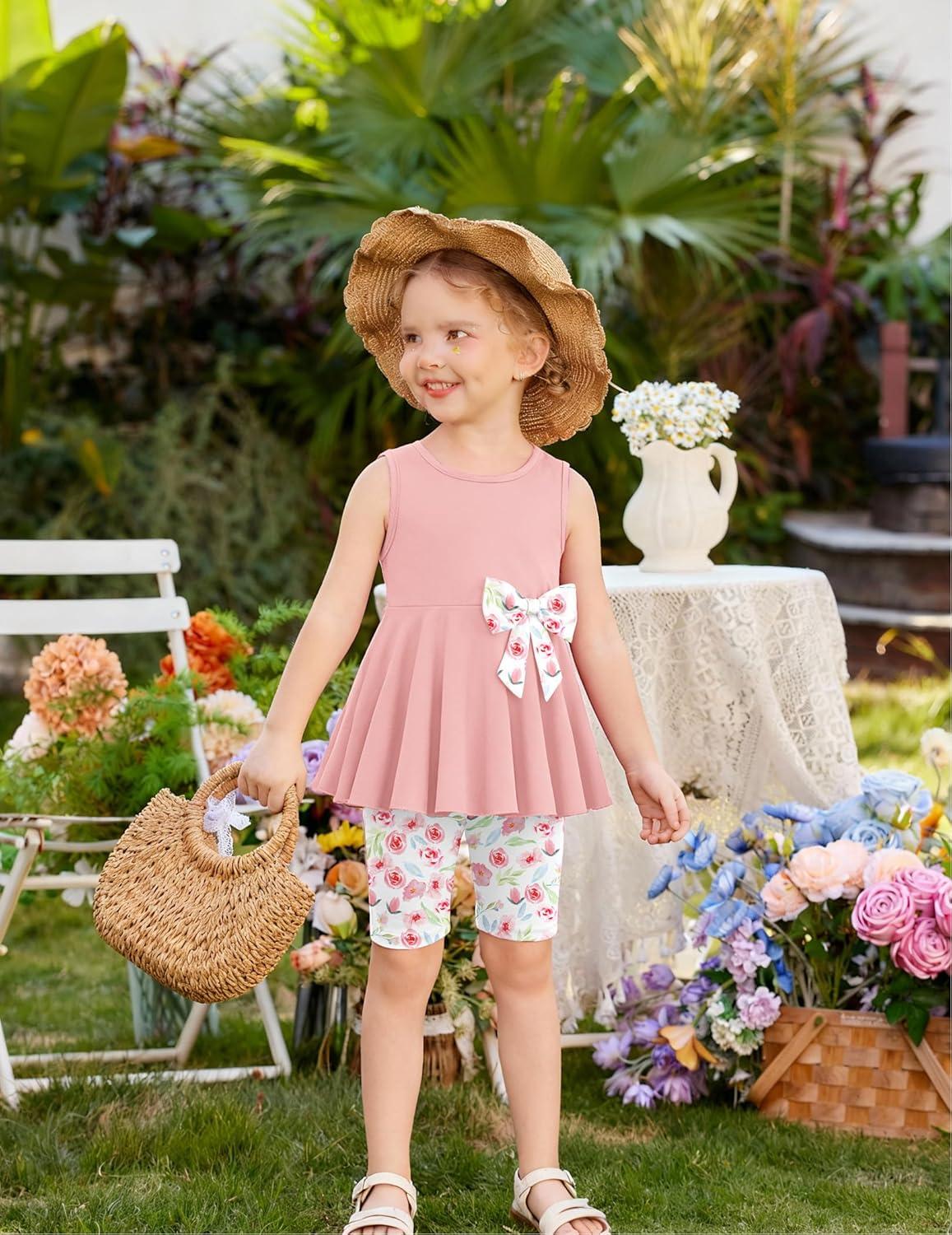 image:imageArshiner Toddler Girl Clothes 2 Piece Bowknot Sleeveless Top Dress and Leggings Shorts Set Kids Summer OutfitsLight Pink Flower