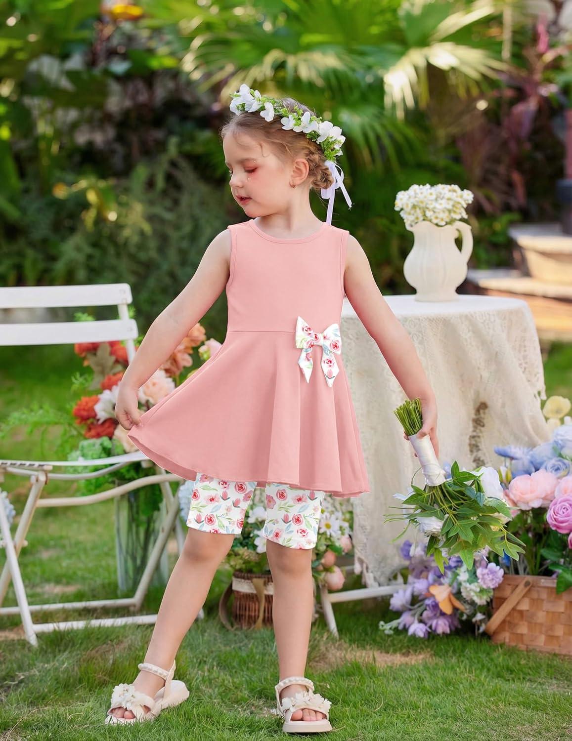 image:imageArshiner Toddler Girl Clothes 2 Piece Bowknot Sleeveless Top Dress and Leggings Shorts Set Kids Summer OutfitsLight Pink Flower