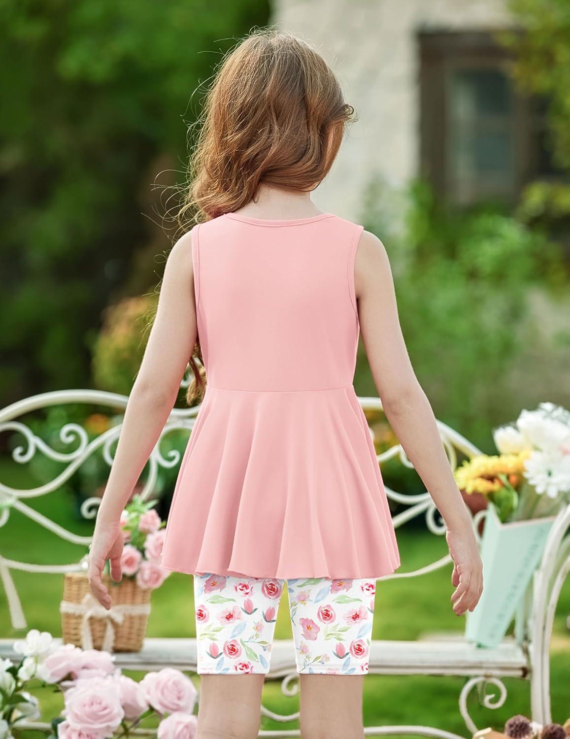 image:imageArshiner Toddler Girl Clothes 2 Piece Bowknot Sleeveless Top Dress and Leggings Shorts Set Kids Summer OutfitsLight Pink Flower