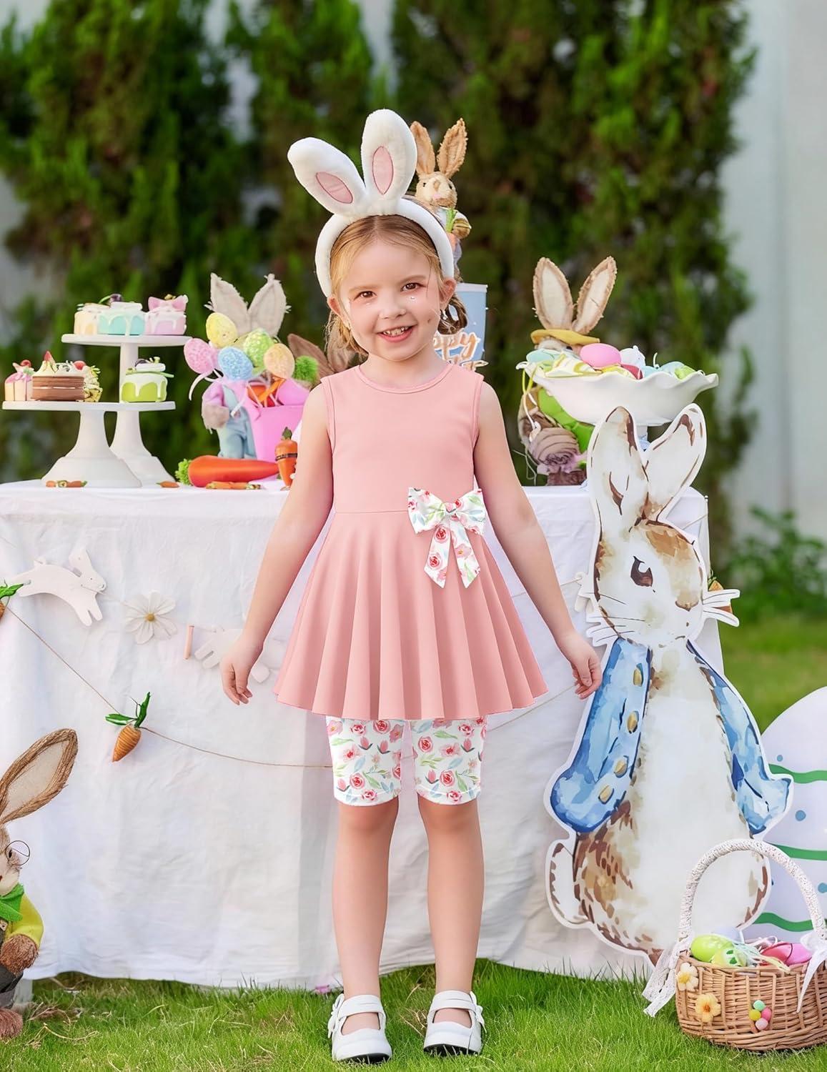 image:imageArshiner Toddler Girl Clothes 2 Piece Bowknot Sleeveless Top Dress and Leggings Shorts Set Kids Summer OutfitsLight Pink Flower